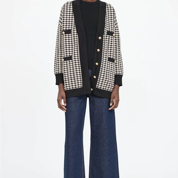 Sandro Long Houndstooth V-Neck Cardigan Sweater (authentic) Women’s Size 1-Paris - Picture 7 of 15